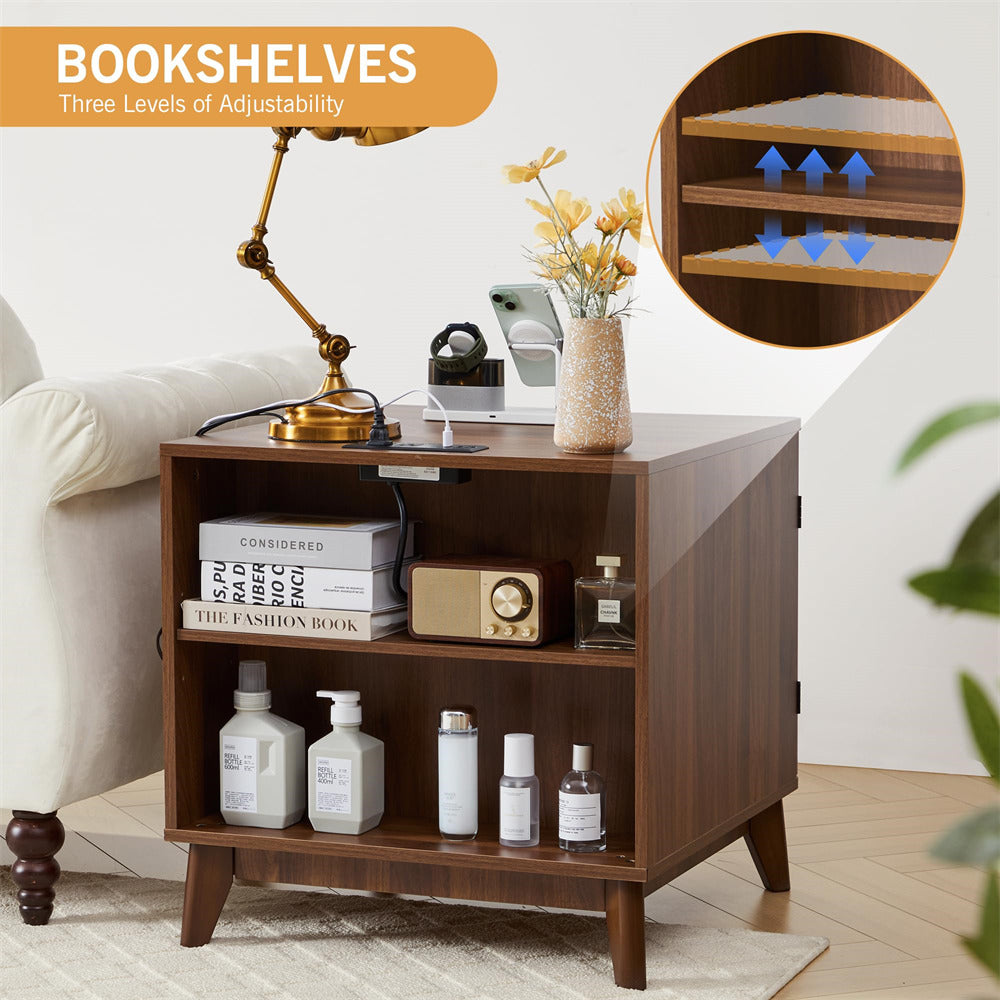 Wooden bookshelf with adjustable shelves in a living room setting, featuring books, bottles, and decor items.