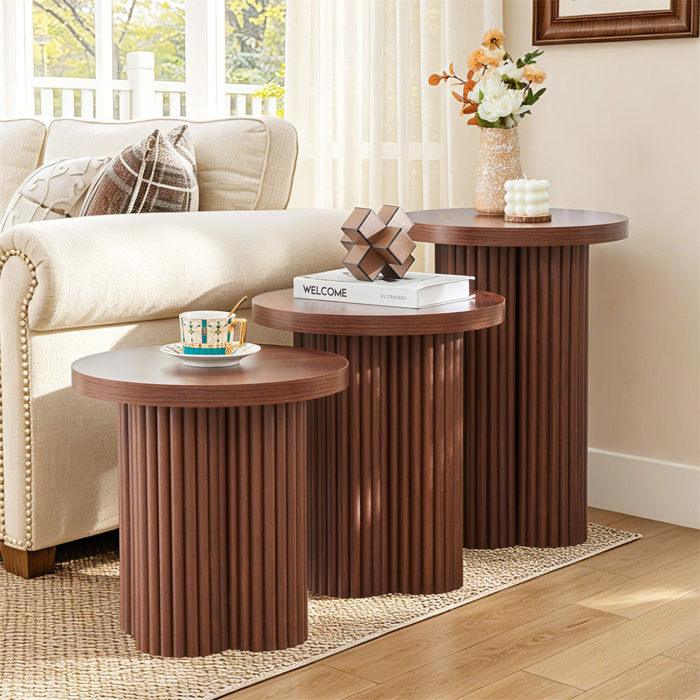 Walnut Mid Century Modern Fluted Round Nesting Coffee Table Set of 3