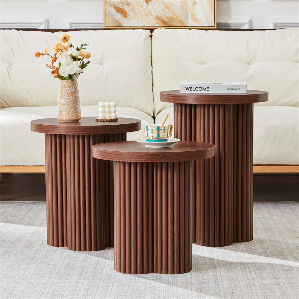 Walnut Mid Century Modern Fluted Round Nesting Coffee Table Set of 3