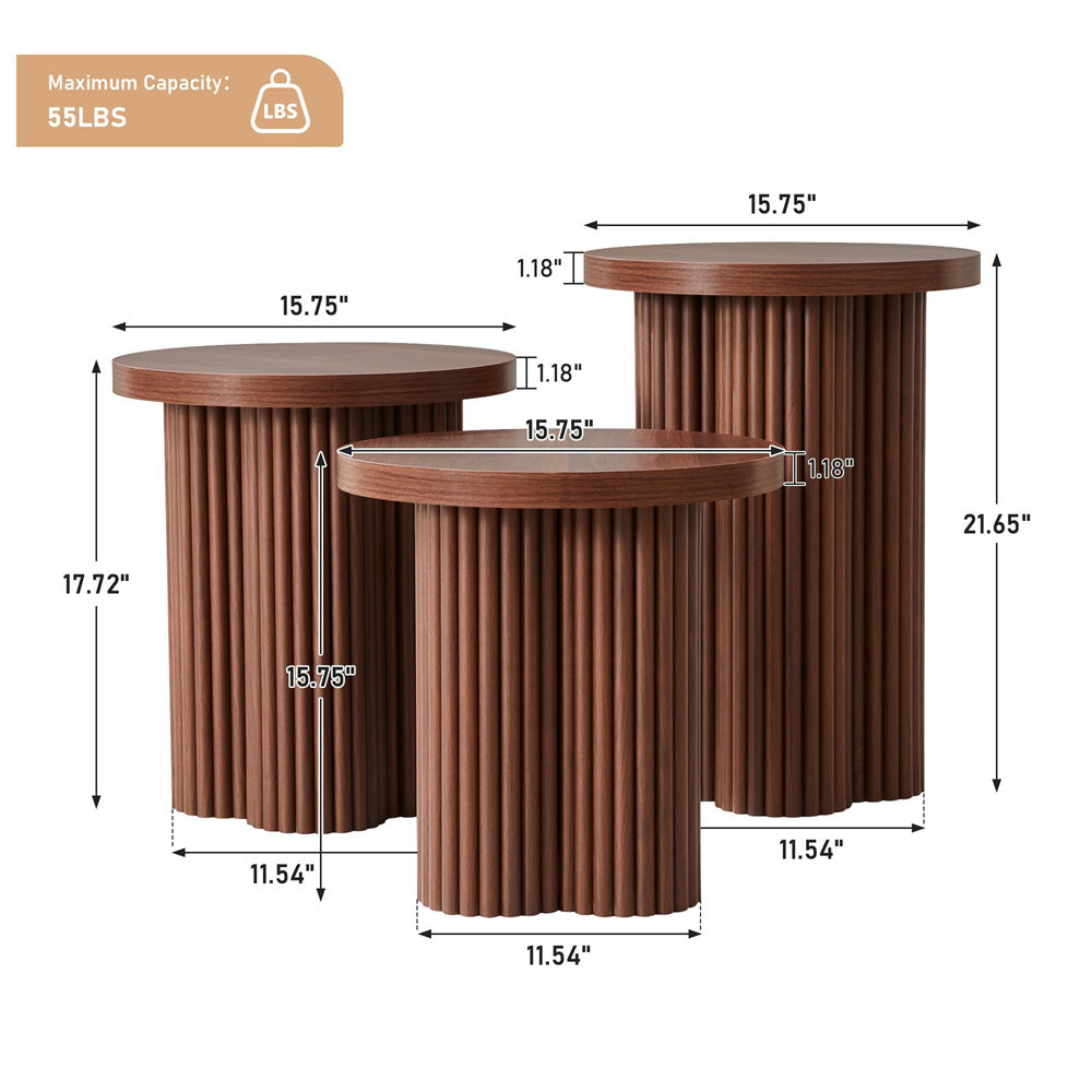 Walnut Mid Century Modern Fluted Round Nesting Coffee Table Set of 3