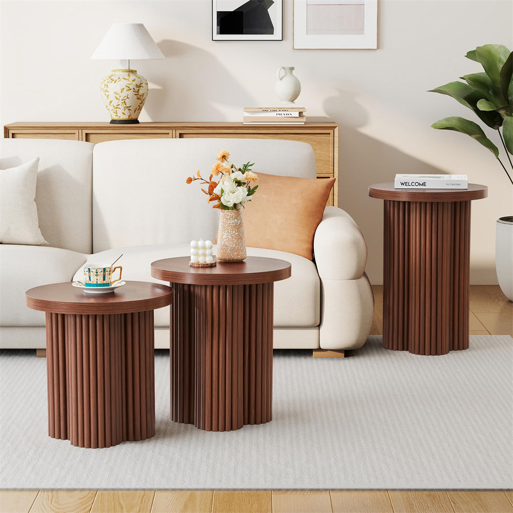 Walnut Mid Century Modern Fluted Round Nesting Coffee Table Set of 3