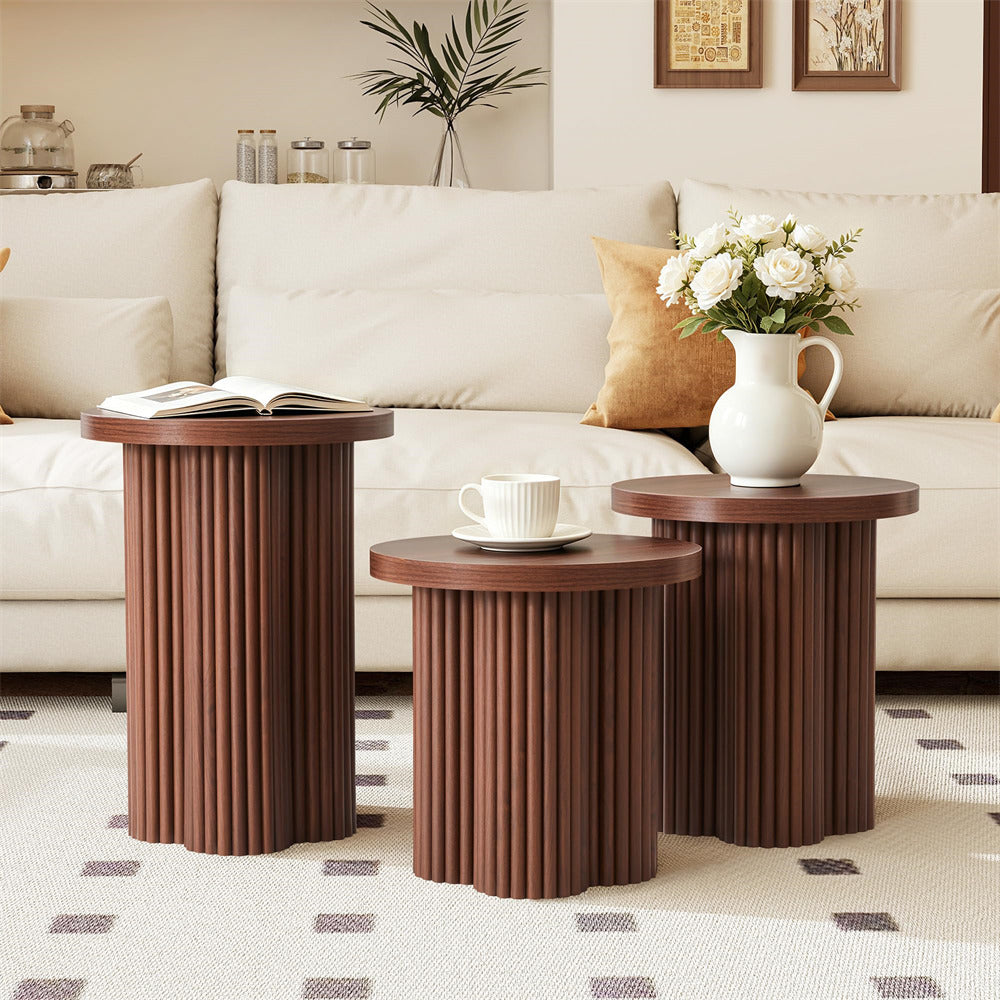 Walnut Mid Century Modern Fluted Round Nesting Coffee Table Set of 3