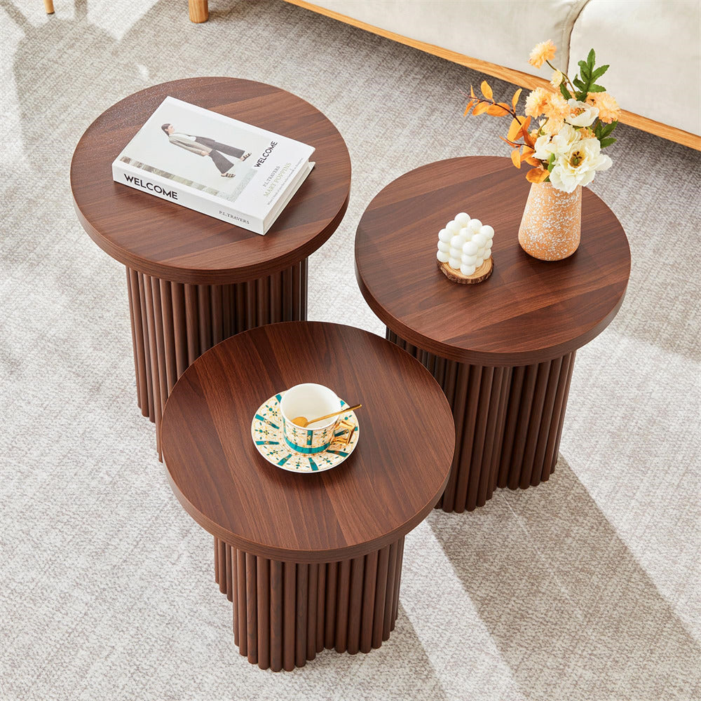 Walnut Mid Century Modern Fluted Round Nesting Coffee Table Set of 3