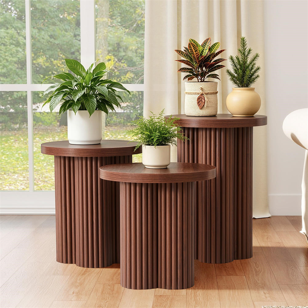 Walnut Mid Century Modern Fluted Round Nesting Coffee Table Set of 3