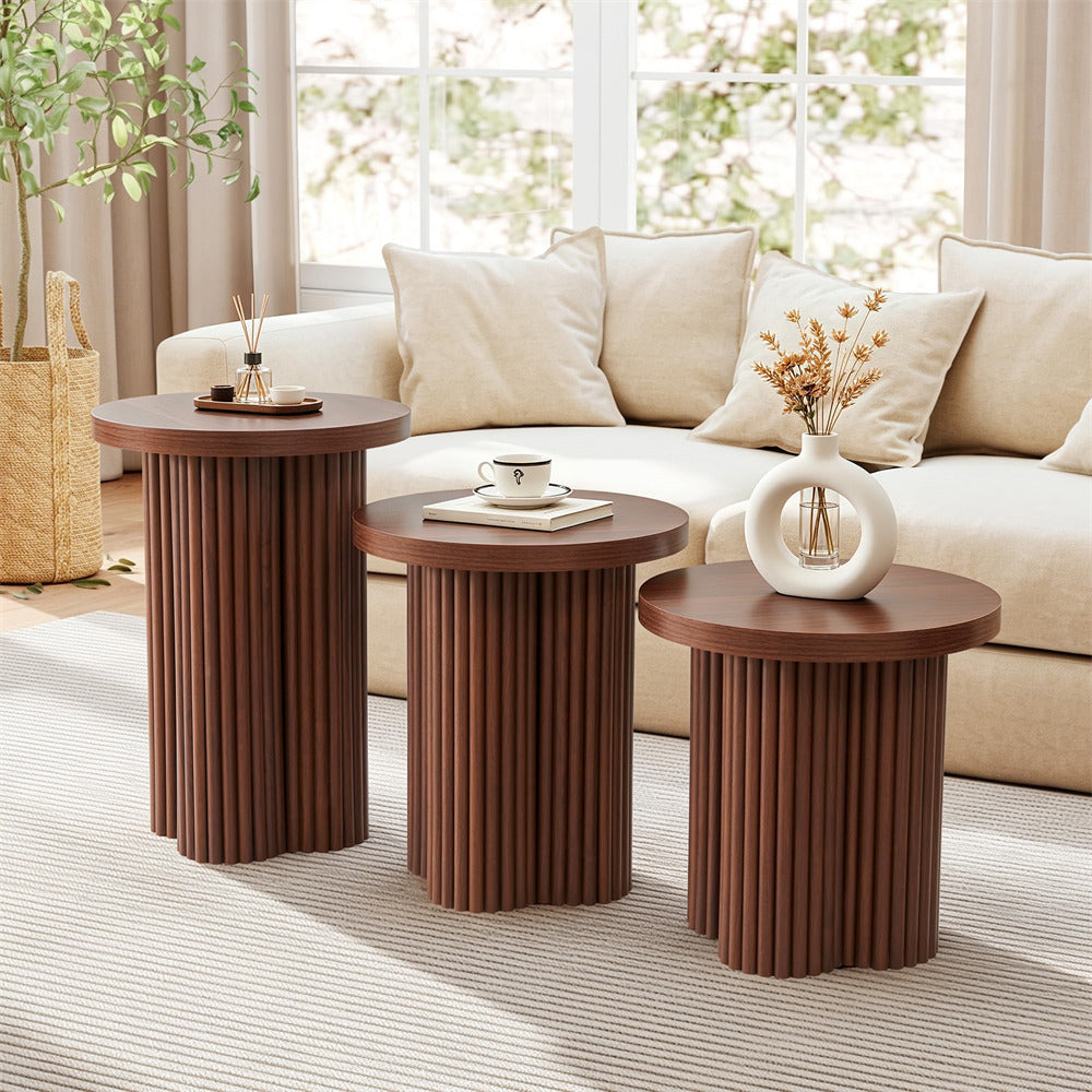 Walnut Mid Century Modern Fluted Round Nesting Coffee Table Set of 3