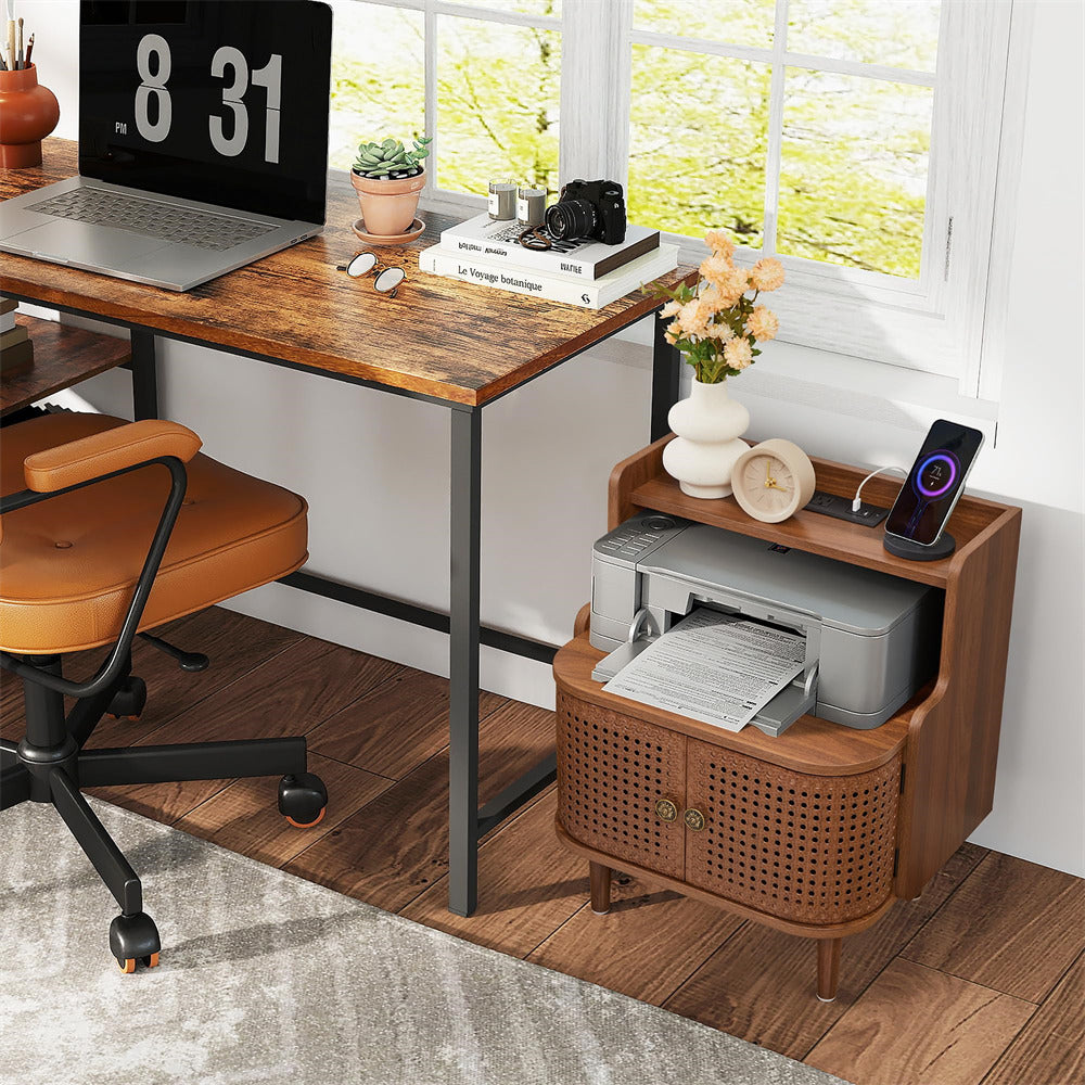 Home office setup with a wooden desk, printer, and chair.