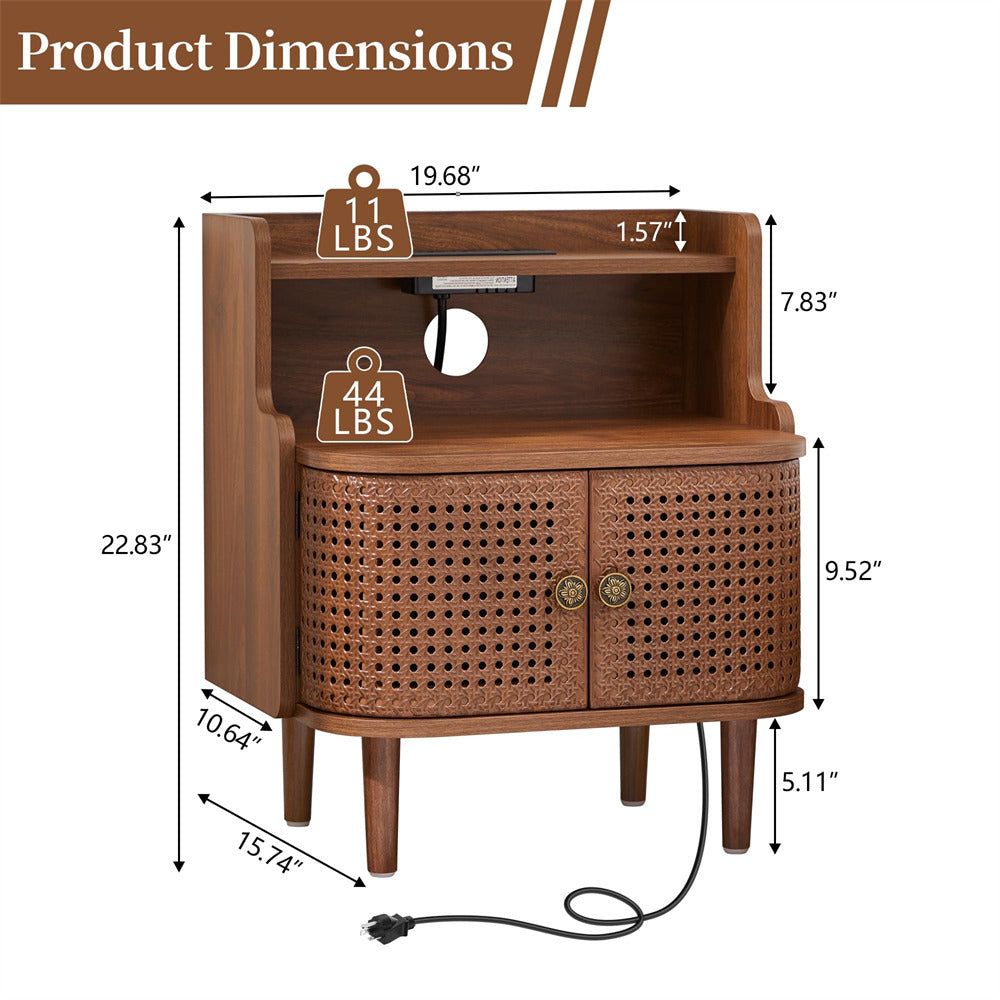 Wooden cabinet with dimensions and weight label on a white background