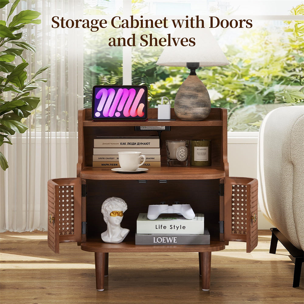 Wooden storage cabinet with doors and shelves in a room with a plant and window.