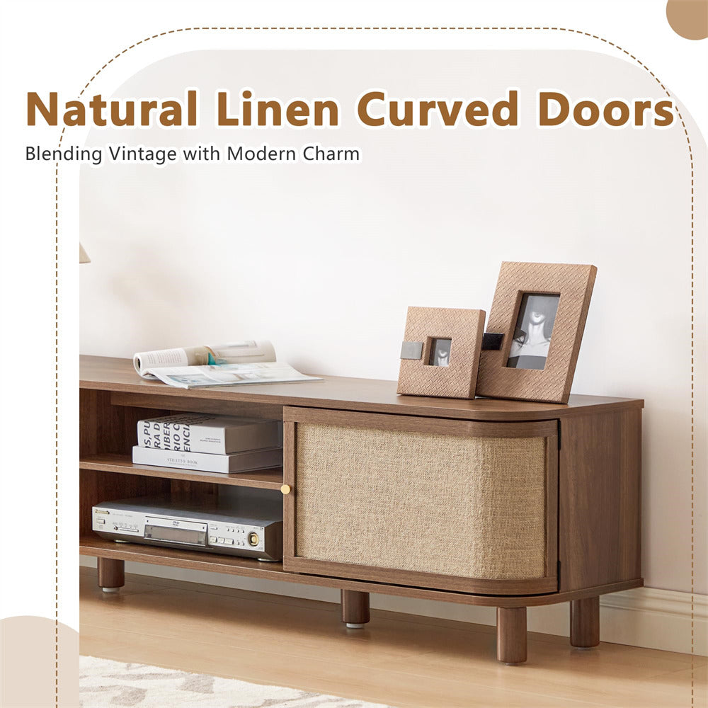 Wooden entertainment console with natural linen curved doors in a room setting.