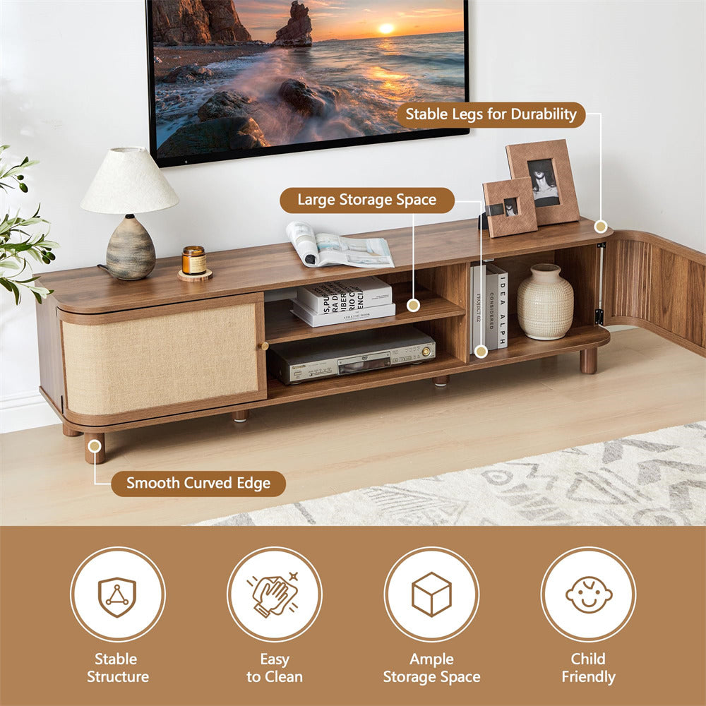 Wooden TV stand with storage shelves in a living room setting, featuring text on durability and storage.