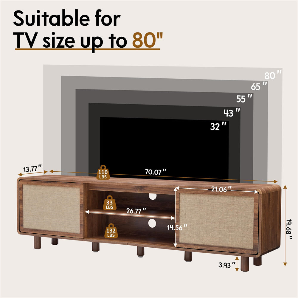 Wooden TV stand with measurements for TVs up to 80 inches, on a light gray background.
