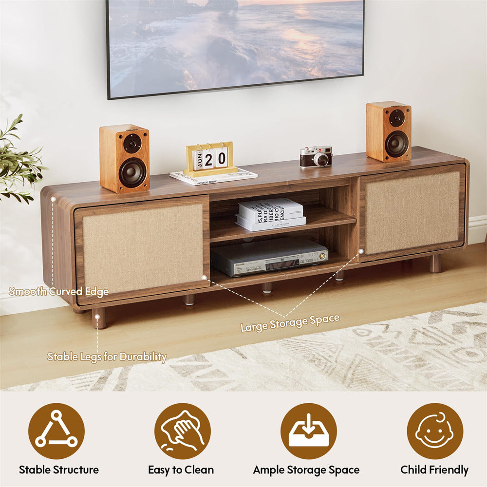 Wooden TV stand with speakers and electronic devices in a living room setting, with text highlighting features.