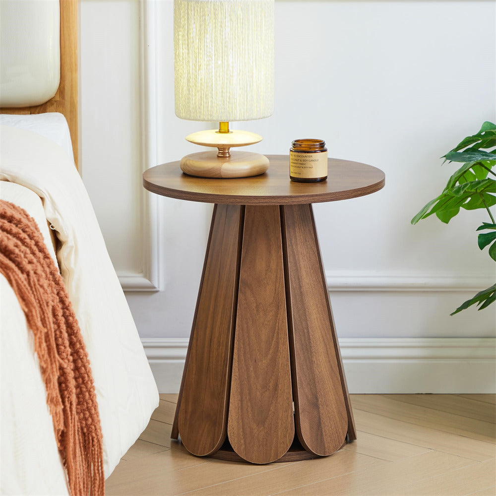 Walnut Mid Century Modern Wood Round Petals Side Table