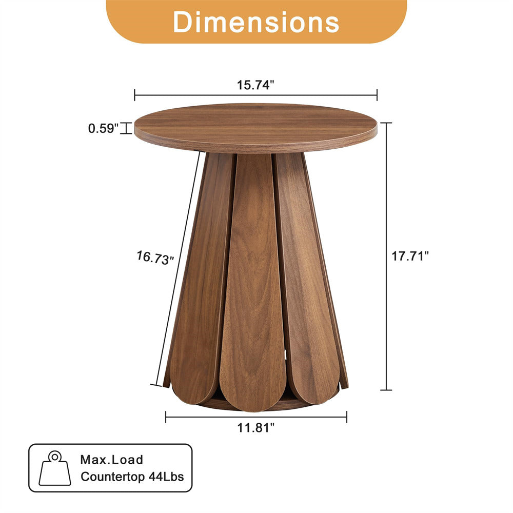 Wooden side table with dimensions labeled on a white background