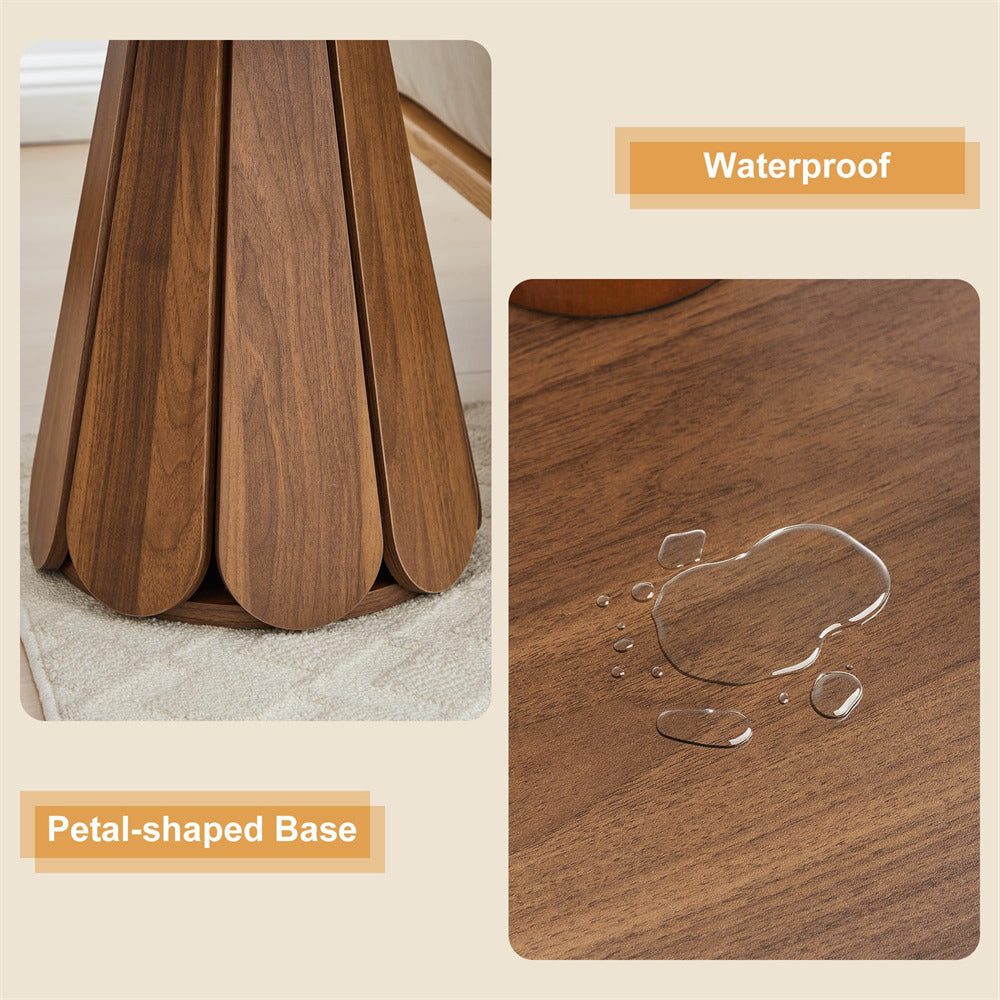 Wooden table with petal-shaped base and waterproof feature shown on a wooden surface.