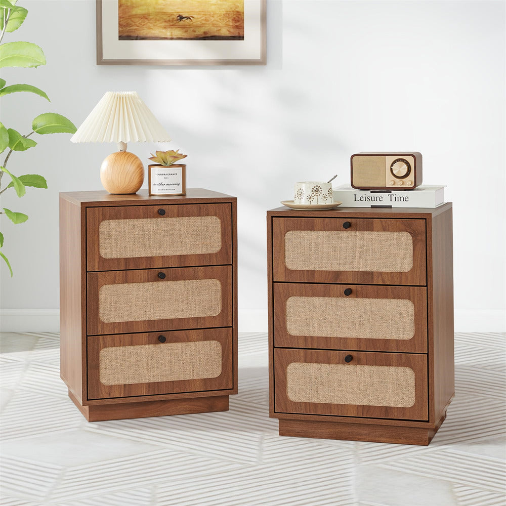 Walnut Mid Century Modern Wood Rustic Nightstand Set of 2 with Linen Drawers & 3 Drawers