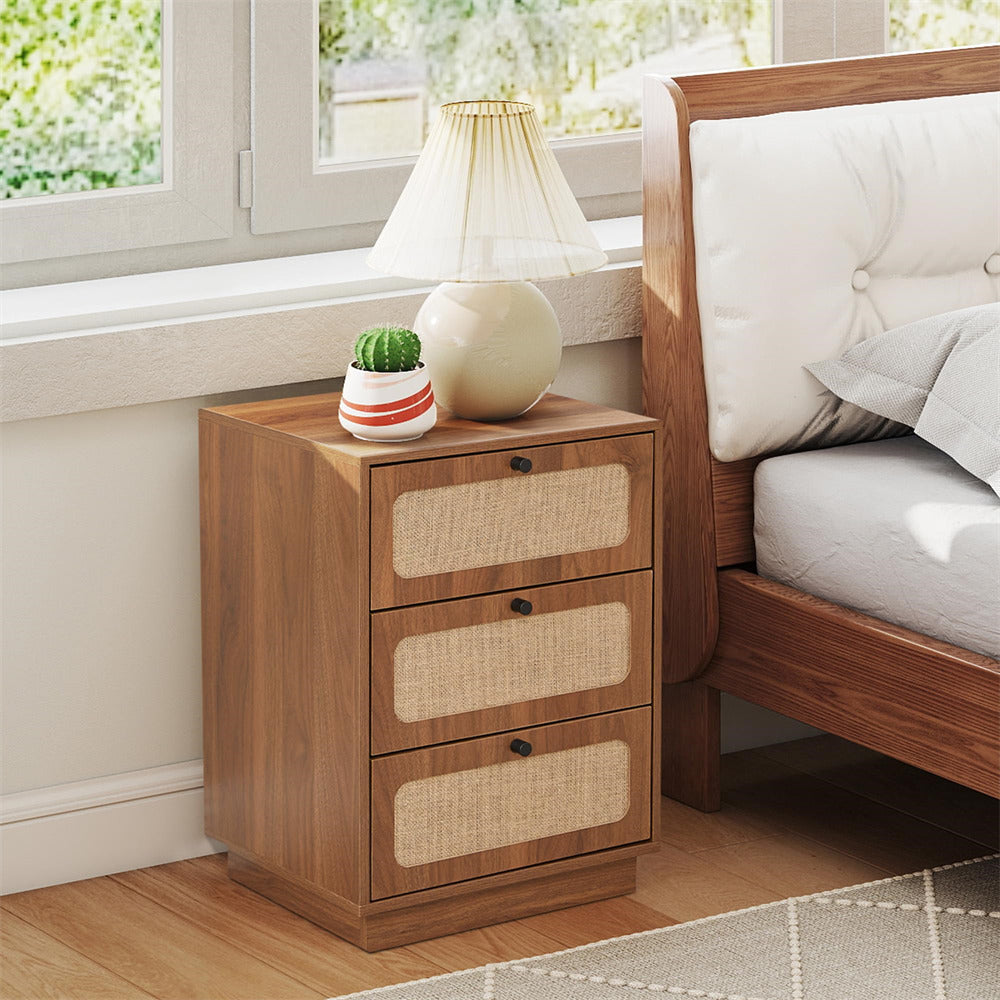Walnut Mid Century Modern Wood Rustic Nightstand Side Table with Linen Drawers & 3 Drawers