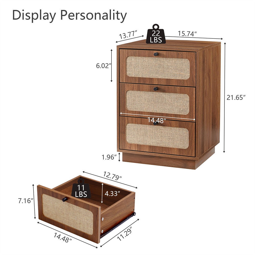 Walnut Mid Century Modern Wood Rustic Nightstand Side Table with Linen Drawers & 3 Drawers