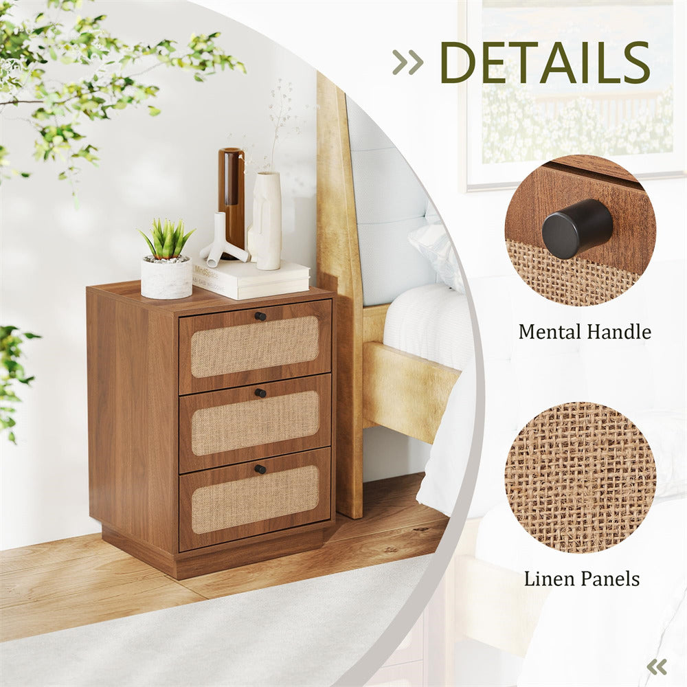 Walnut Mid Century Modern Wood Rustic Nightstand Side Table with Linen Drawers & 3 Drawers