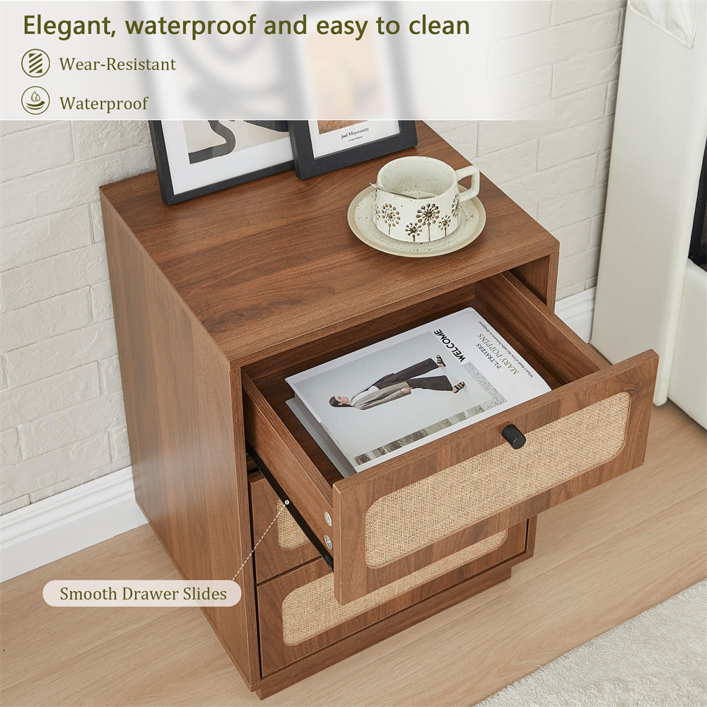Walnut Mid Century Modern Wood Rustic Nightstand Side Table with Linen Drawers & 3 Drawers