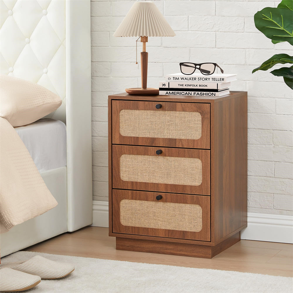 Walnut Mid Century Modern Wood Rustic Nightstand Side Table with Linen Drawers & 3 Drawers