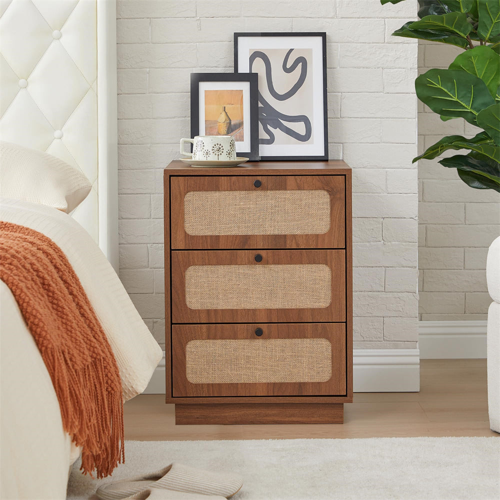 Walnut Mid Century Modern Wood Rustic Nightstand Side Table with Linen Drawers & 3 Drawers