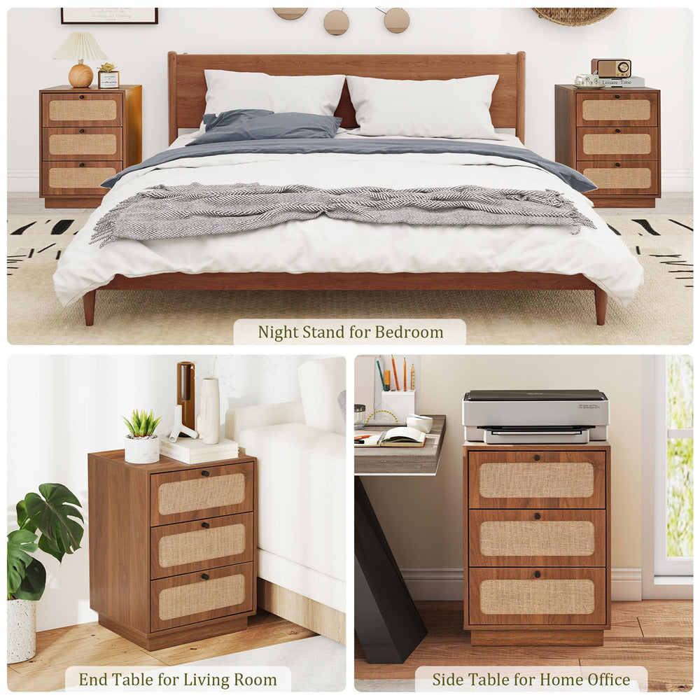 Walnut Mid Century Modern Wood Rustic Nightstand Side Table with Linen Drawers & 3 Drawers