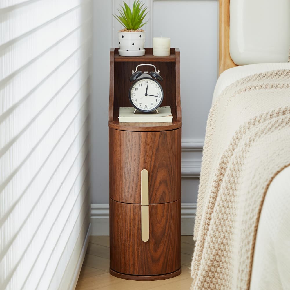 Walnut Mid Century Modern Wooden 2 Drawer Thin Cylinder End Table with Cable Management Hole