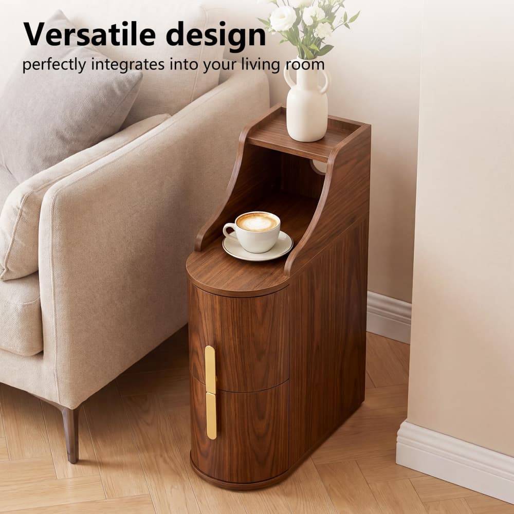 Walnut Mid Century Modern Wooden 2 Drawer Thin Cylinder End Table with Cable Management Hole