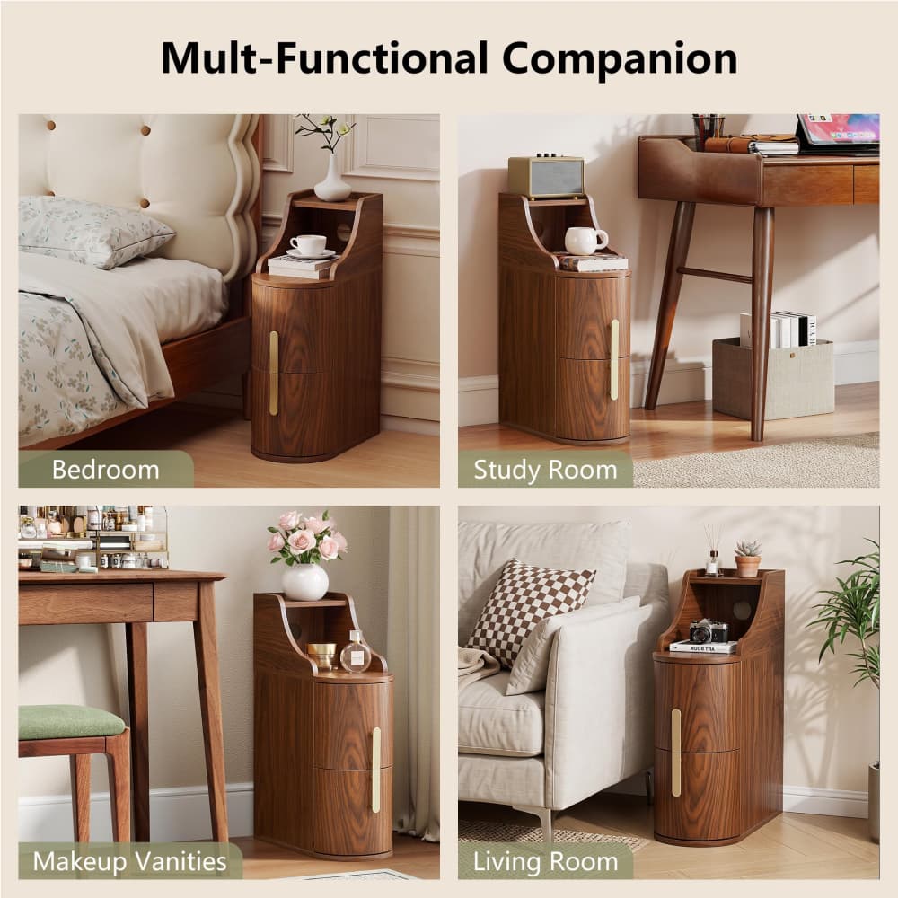 Walnut Mid Century Modern Wooden 2 Drawer Thin Cylinder End Table with Cable Management Hole