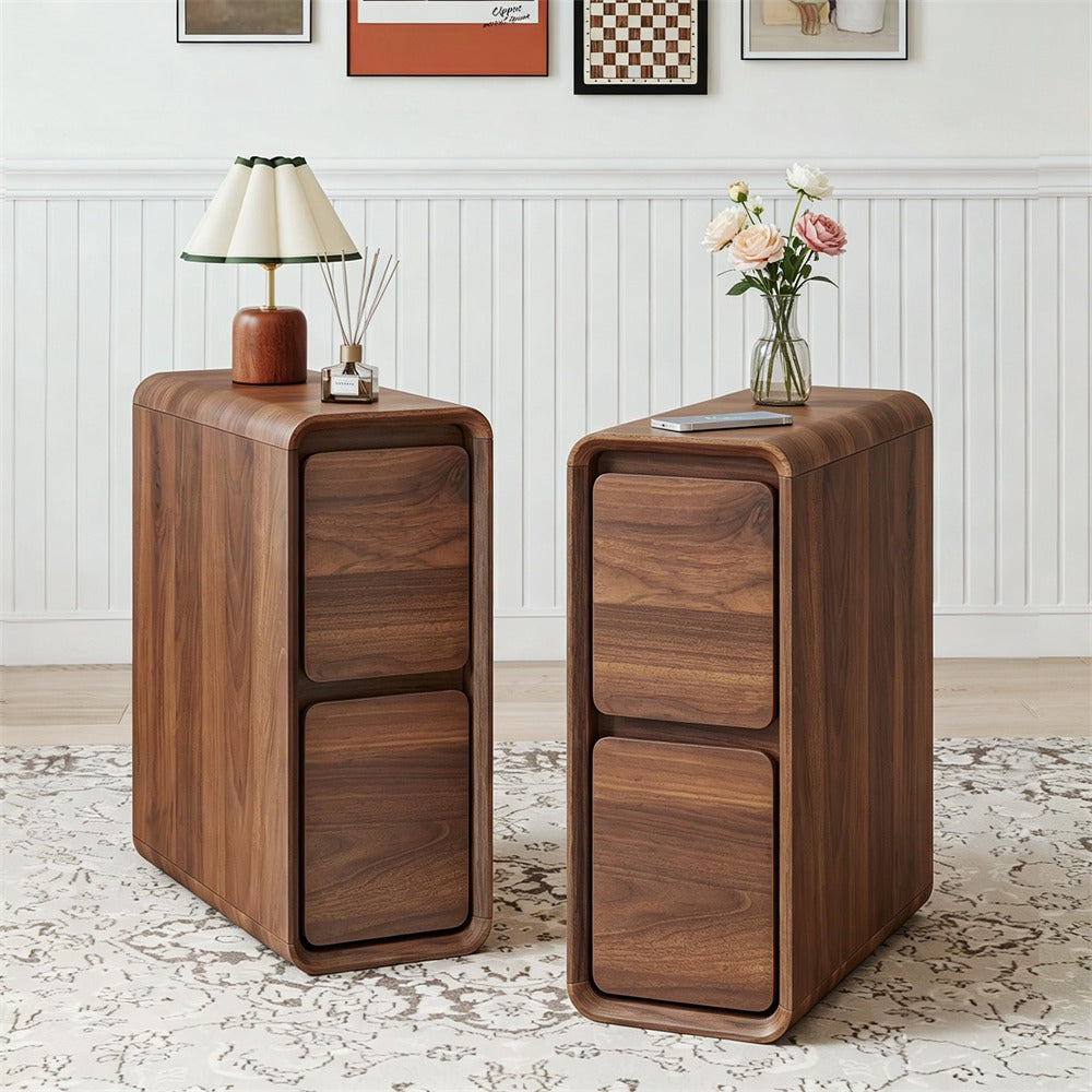 Walnut Mid Century Modern Wooden Small Nightstand Set of 2 Slim End Table Curved Profile Design
