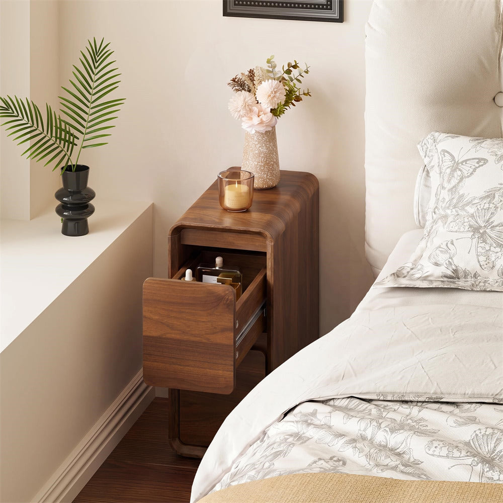 Walnut Mid Century Modern Wooden Small Nightstand Slim End Table Curved Profile Design