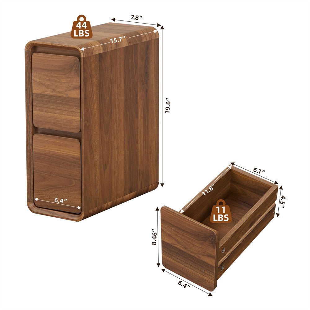 Wooden storage cabinet shown on a white background with dimension arrows and weight icons. The main view shows two front drawers with measurements labeled 15.