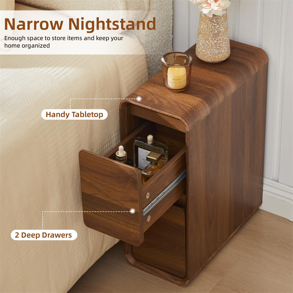 A narrow wooden nightstand beside a bed, shown with one drawer open to reveal storage space. The image includes overlaid text labels pointing to the tabletop and the two deep drawers, plus a candle and vase placed on top.