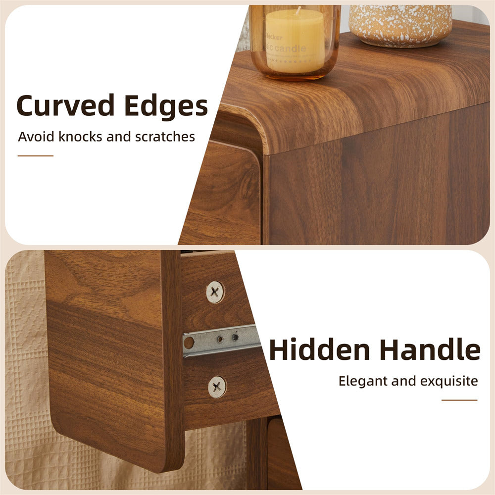 Walnut Mid Century Modern Wooden Small Nightstand Slim End Table Curved Profile Design