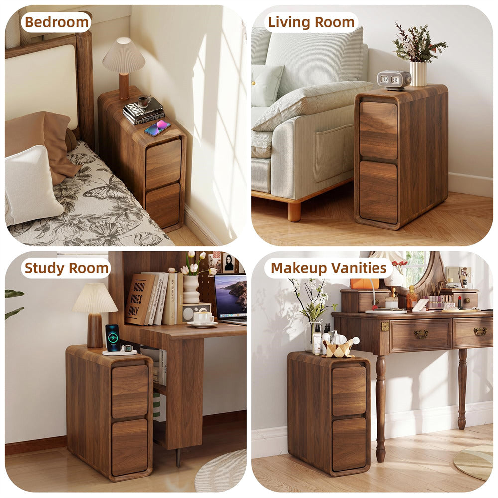 Walnut Mid Century Modern Wooden Small Nightstand Slim End Table Curved Profile Design