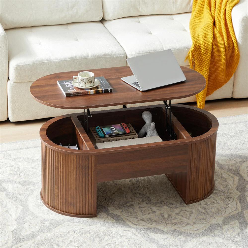 Walnut Mid Century Oval Wood Fluted Lift Top Coffee Table with Hidden Compartment