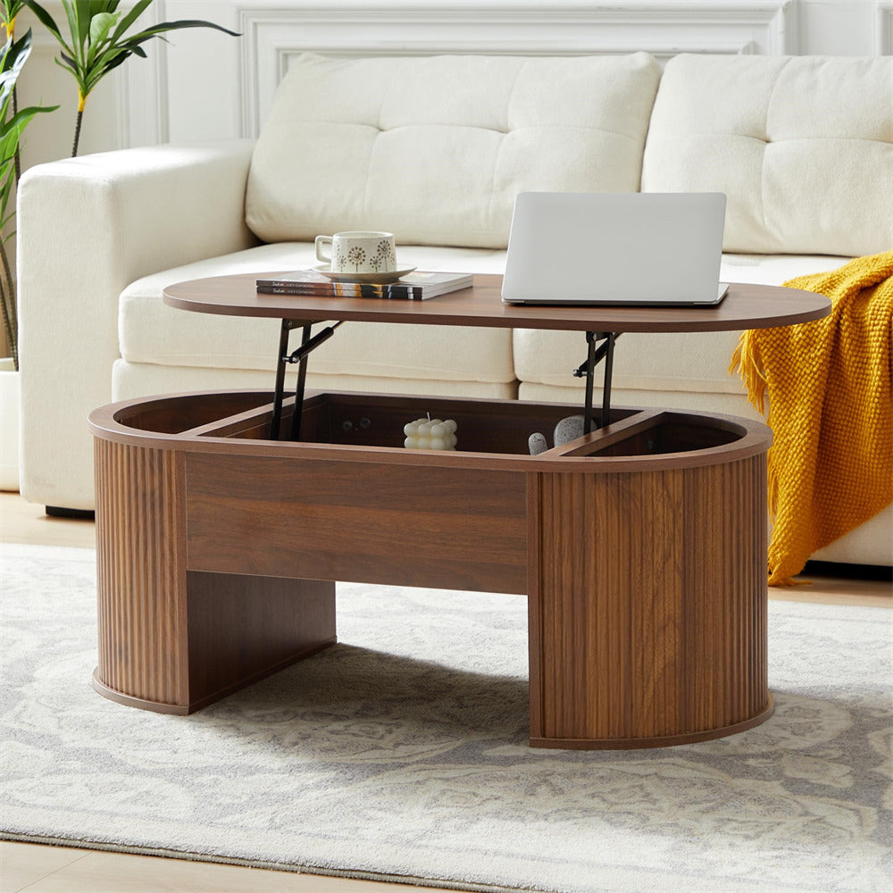 Walnut Mid Century Oval Wood Fluted Lift Top Coffee Table with Hidden Compartment