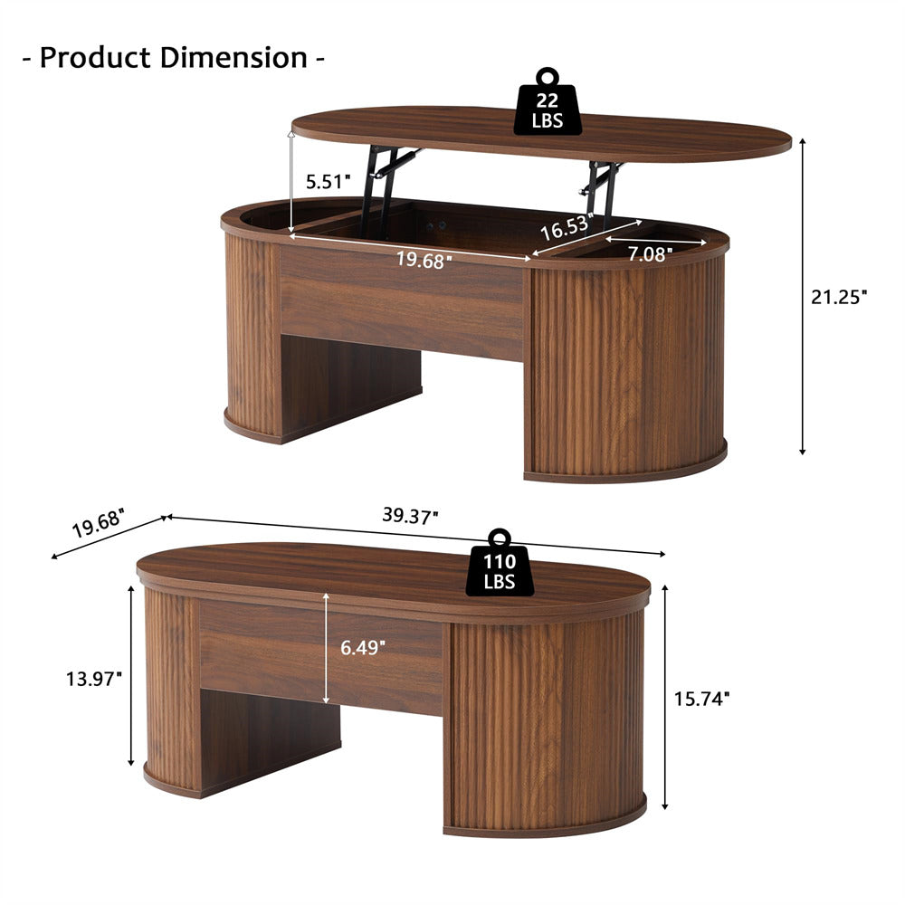 Walnut Mid Century Oval Wood Fluted Lift Top Coffee Table with Hidden Compartment