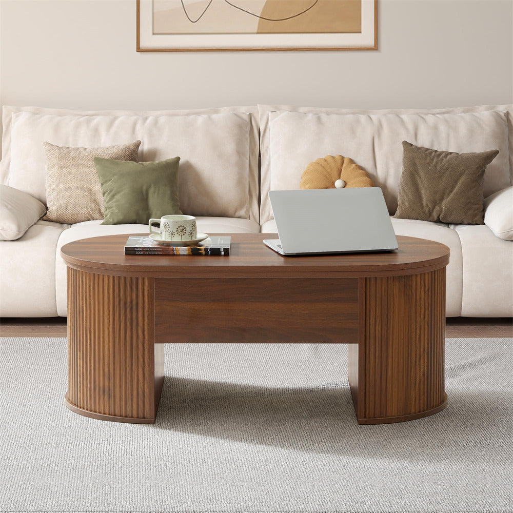 Walnut Mid Century Oval Wood Fluted Lift Top Coffee Table with Hidden Compartment