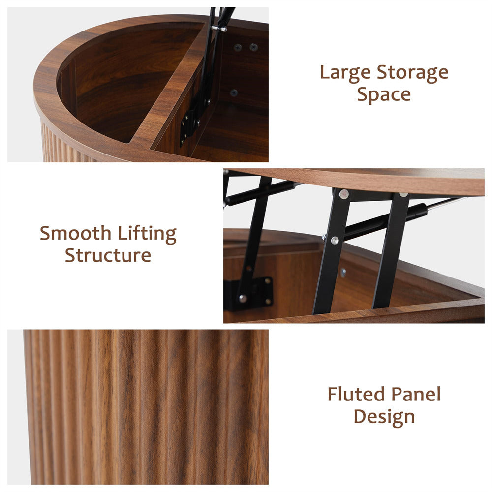 Walnut Mid Century Oval Wood Fluted Lift Top Coffee Table with Hidden Compartment