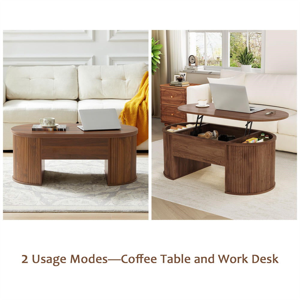 Walnut Mid Century Oval Wood Fluted Lift Top Coffee Table with Hidden Compartment