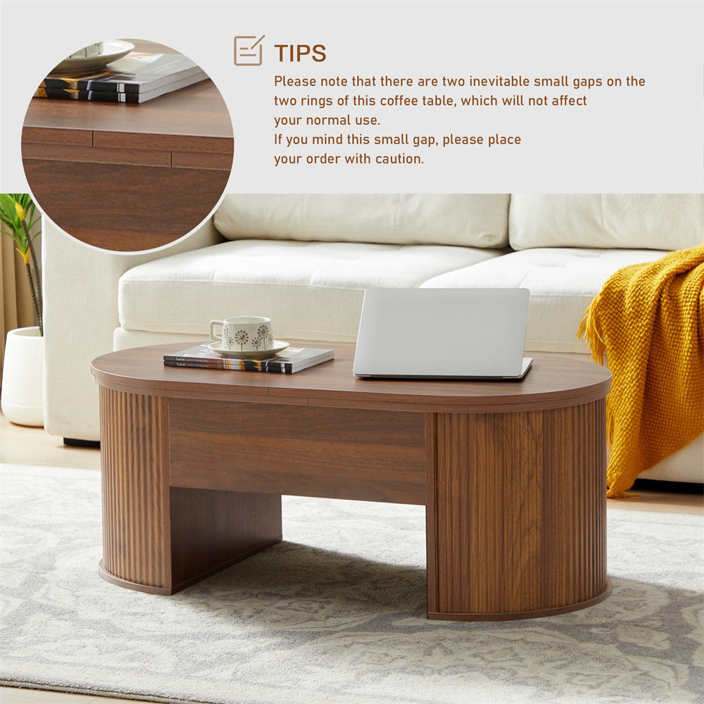 Walnut Mid Century Oval Wood Fluted Lift Top Coffee Table with Hidden Compartment