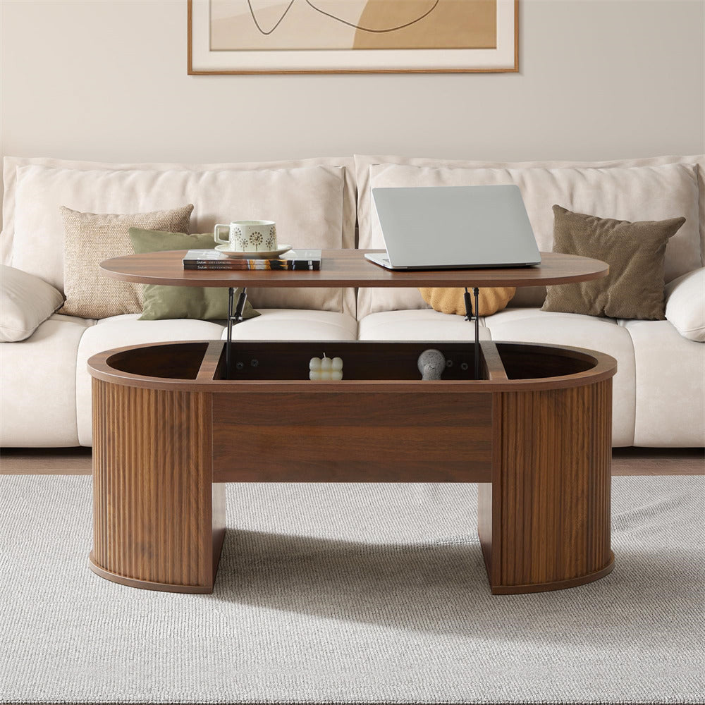 Walnut Mid Century Oval Wood Fluted Lift Top Coffee Table with Hidden Compartment