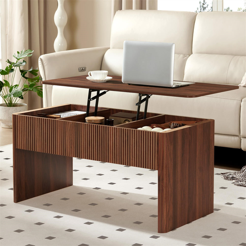 Wooden coffee table with lift-top feature in a living room setting