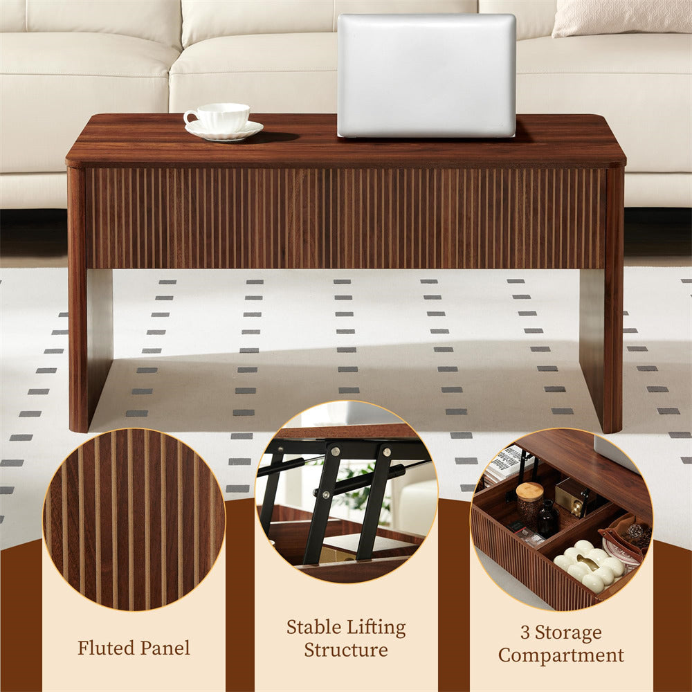 Wooden coffee table with fluted panel design, stable lifting structure, and three storage compartments in a living room setting.