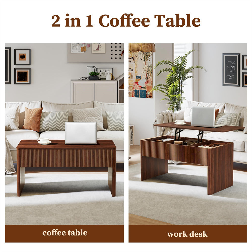 Two images of a 2-in-1 coffee table transforming into a work desk in a living room setting.