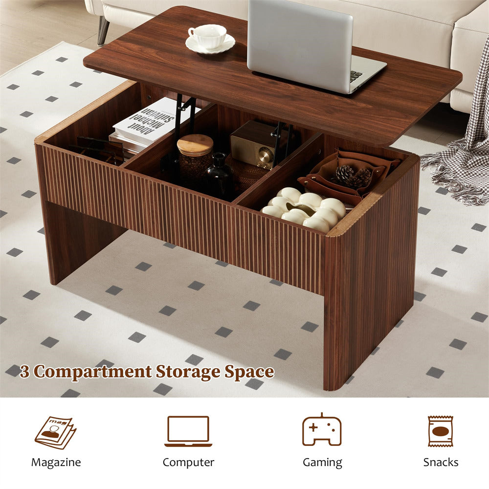 Wooden coffee table with lift-top design, showing compartments for storage.