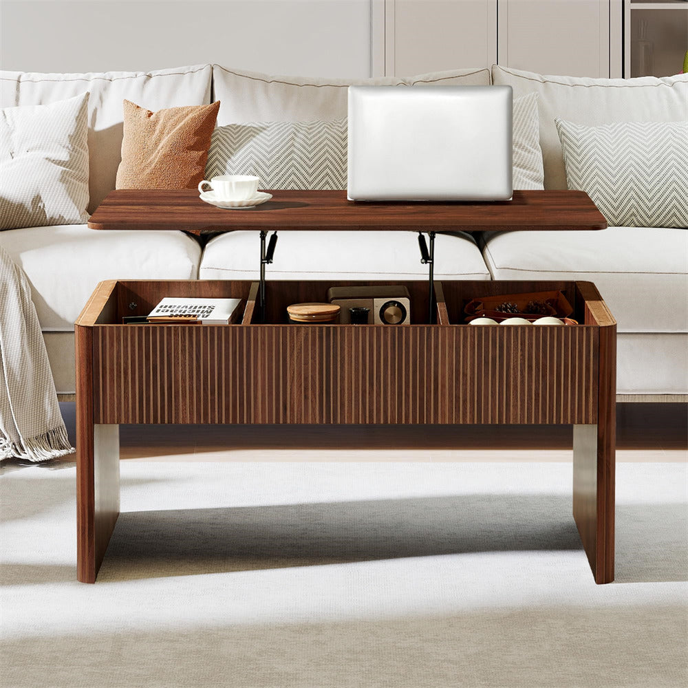 Wooden coffee table with lift-top design in a living room setting