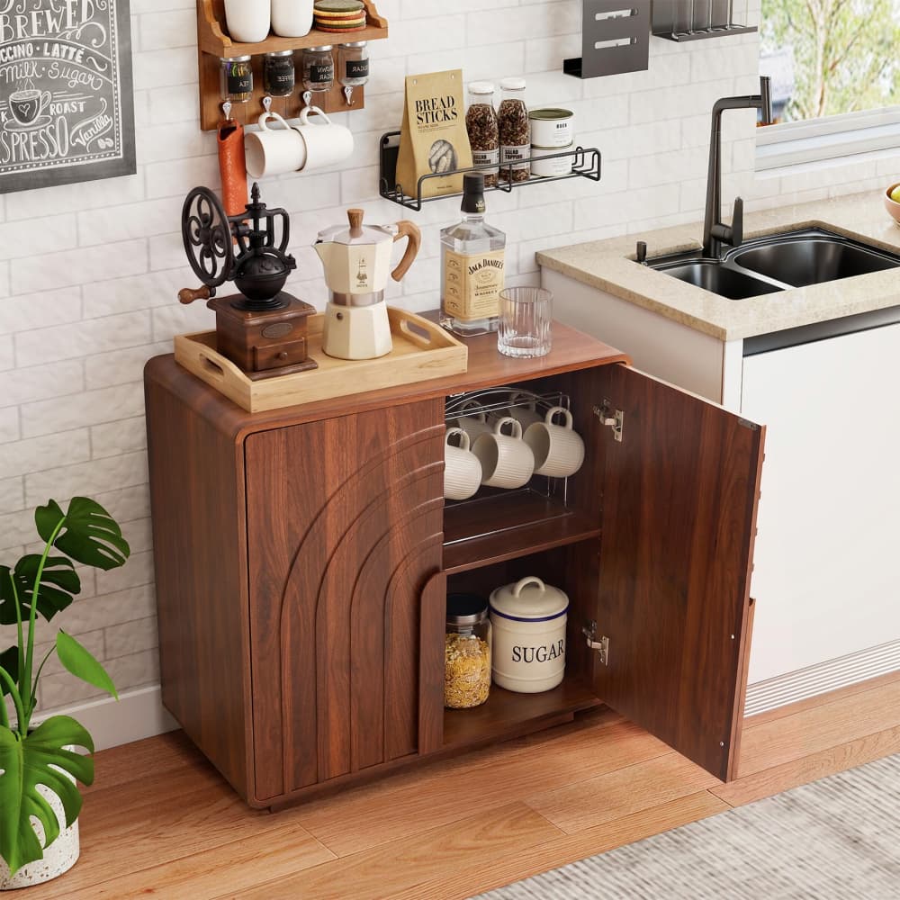 Walnut Modern 2 Door Storage Cabinet Sideboard with Arched Fluted Door Design